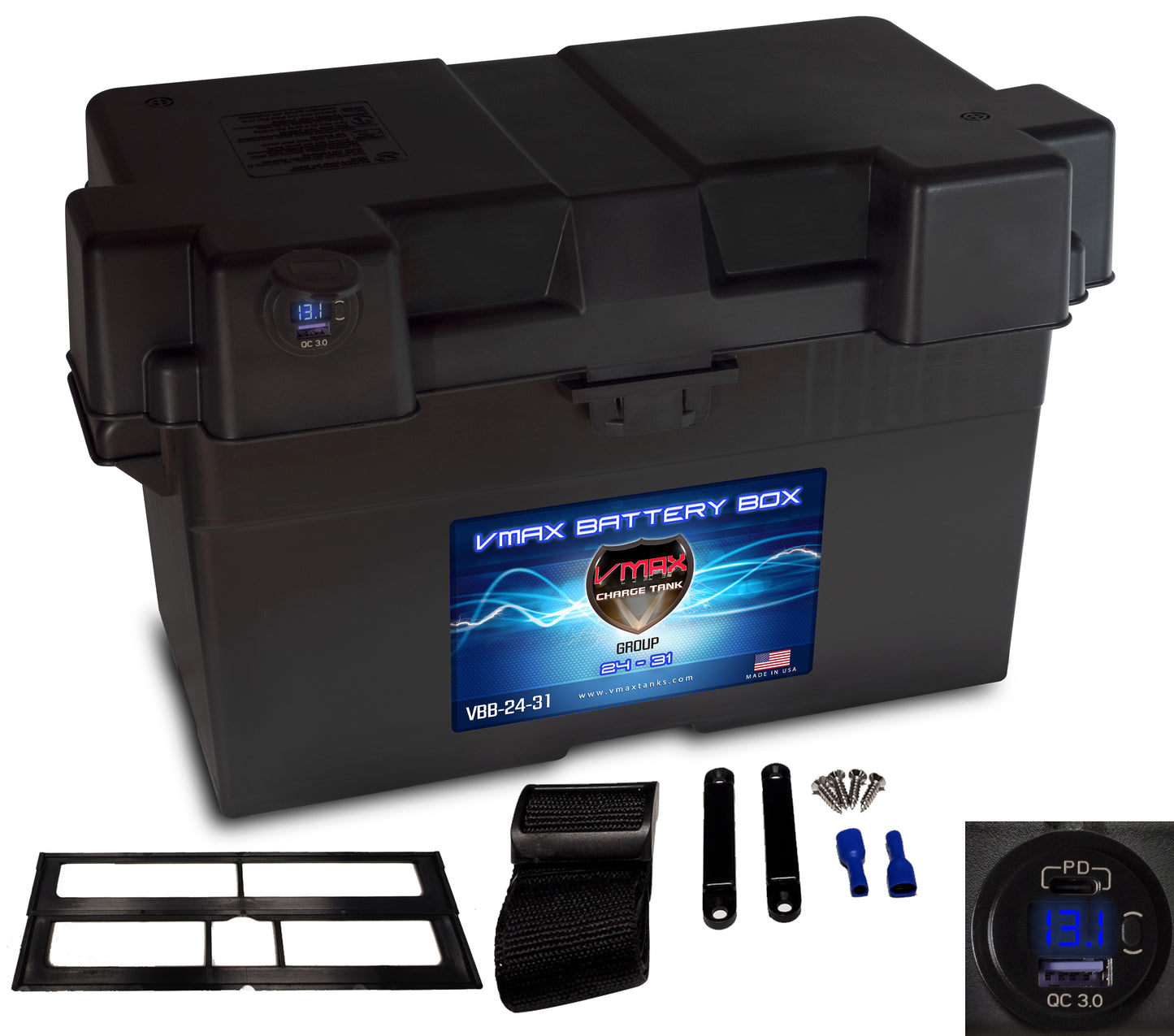 Adjustable Smart Battery Box Group 24, 27, 31 with Voltmeter & USB