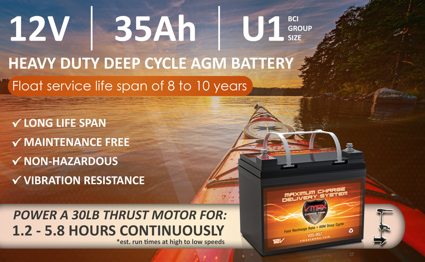 VMAXTANKS V35-857 12V 35Ah AGM Deep Cycle Battery U1