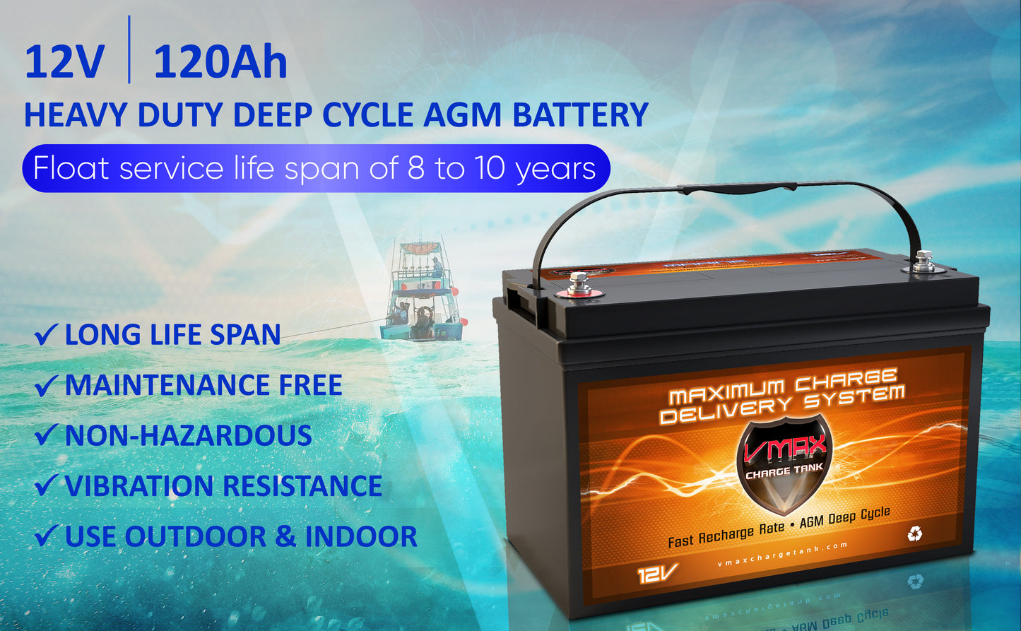VMAXTANKS MR137 12V 120Ah AGM Deep Cycle Marine Battery
