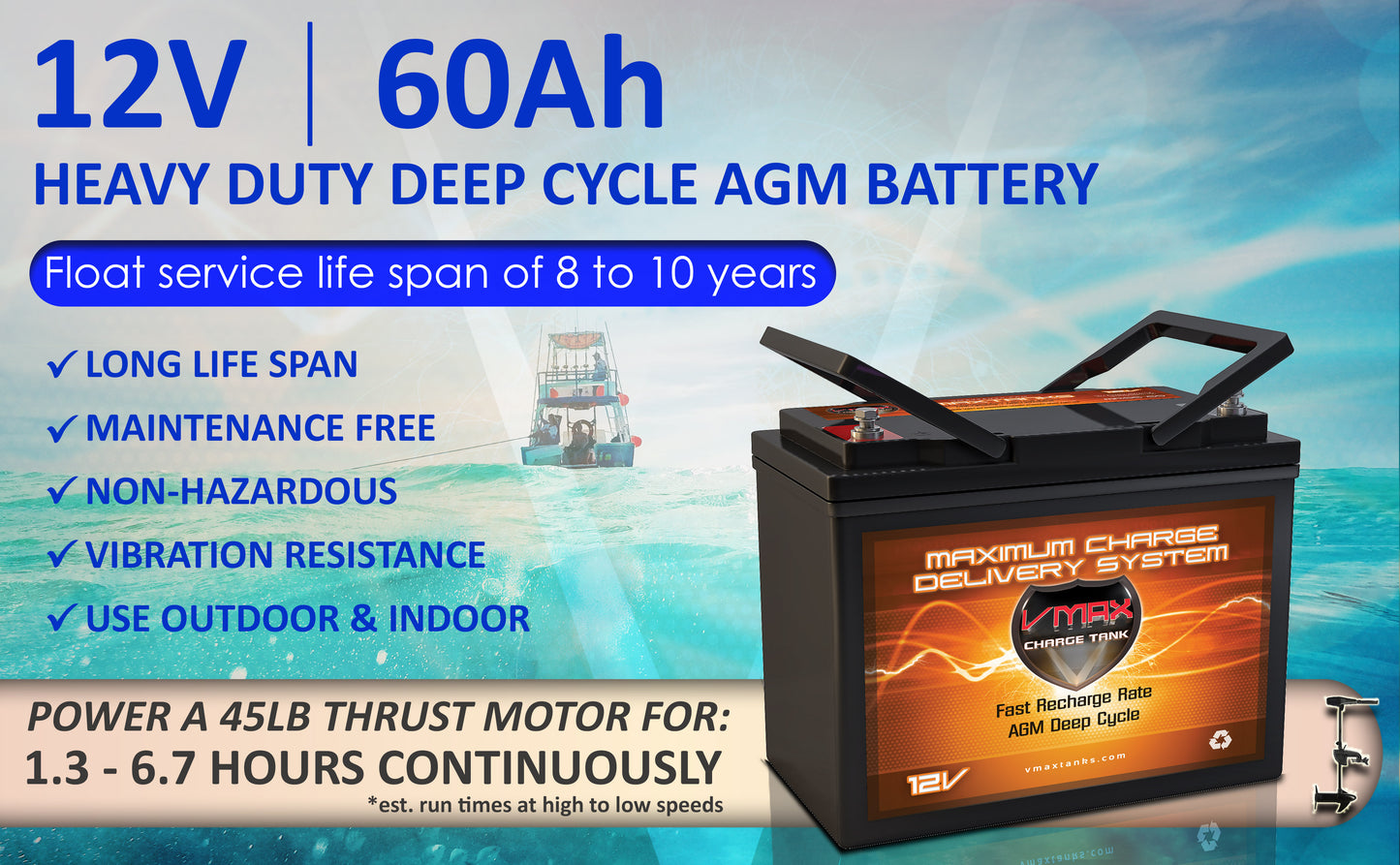 VMAXTANKS MR96-60 12V 60Ah AGM Deep Cycle Marine Battery
