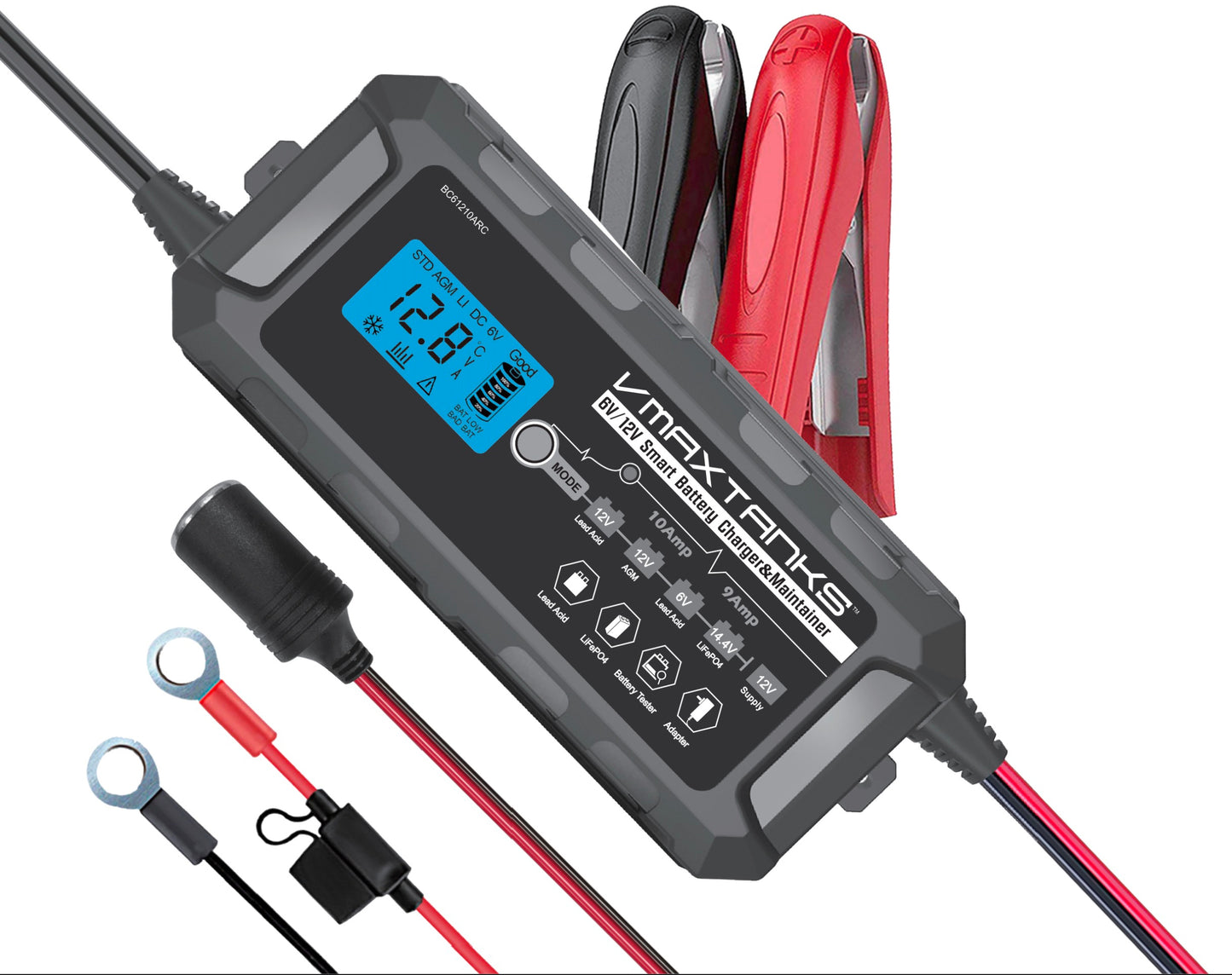 BC61210ARC 12V/6V 10A 6 Stage Smart AGM & LiFePO4 Battery Charger / Maintainer