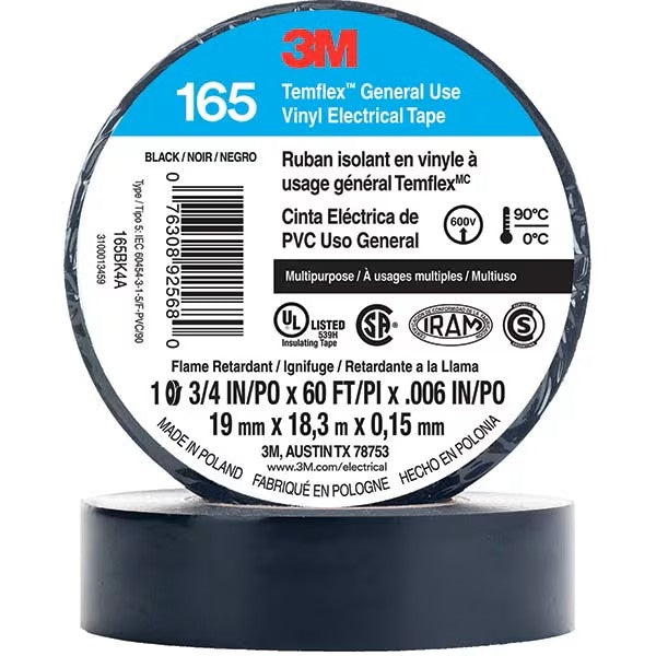 3M Temflex 165 Black Vinyl Electrical Tape – 3/4" Wide, 60ft Roll