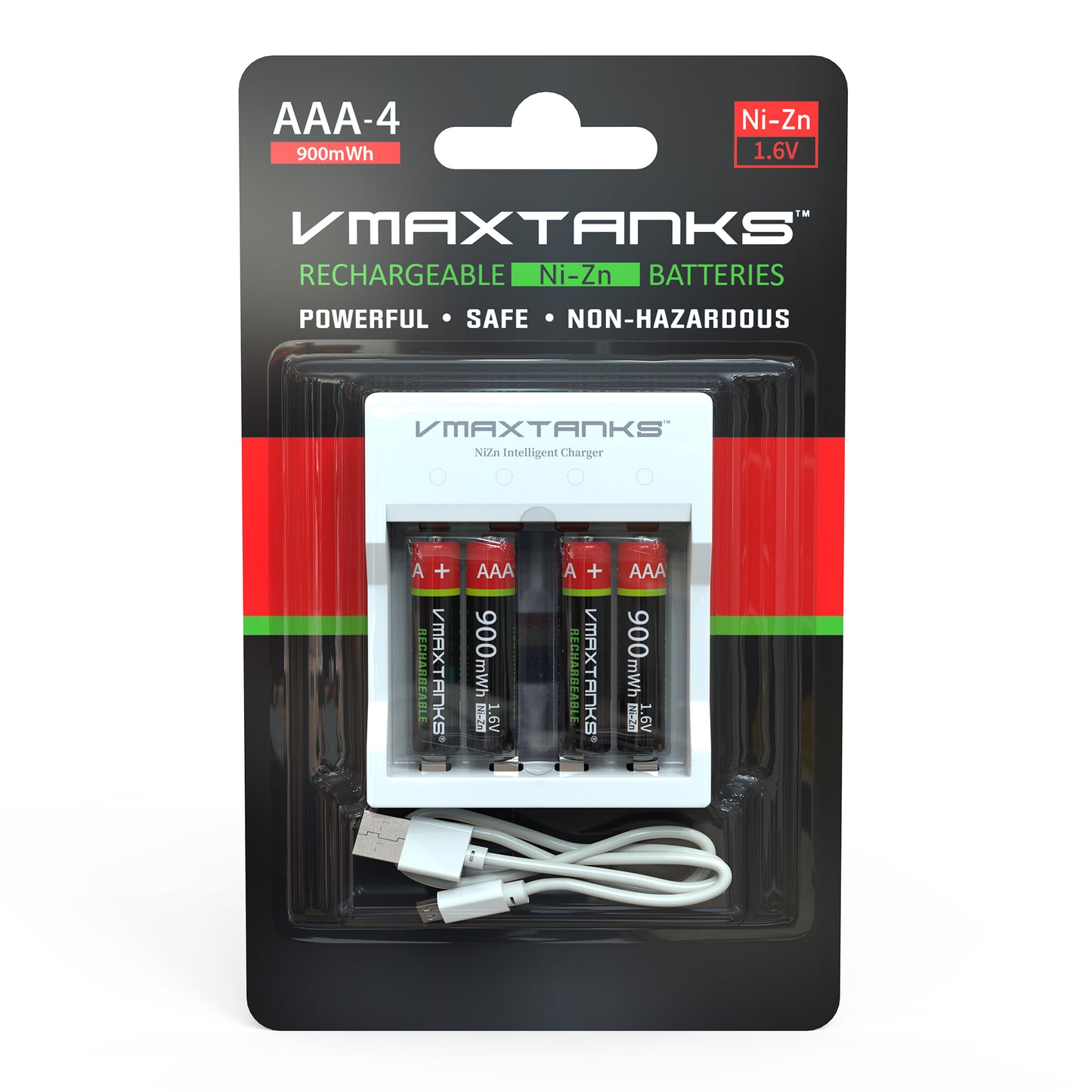 VAAA-4 Hi Drain Rechargeable 4 AAA Ni Zn Batteries with Charger